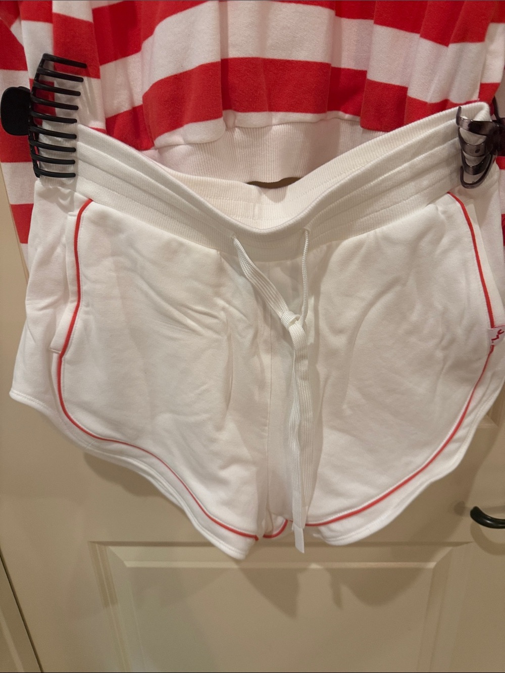 White Drawstring Athletic Shorts with Red Piping -- super soft Lg Top M - bottom - Picture 2 of 6